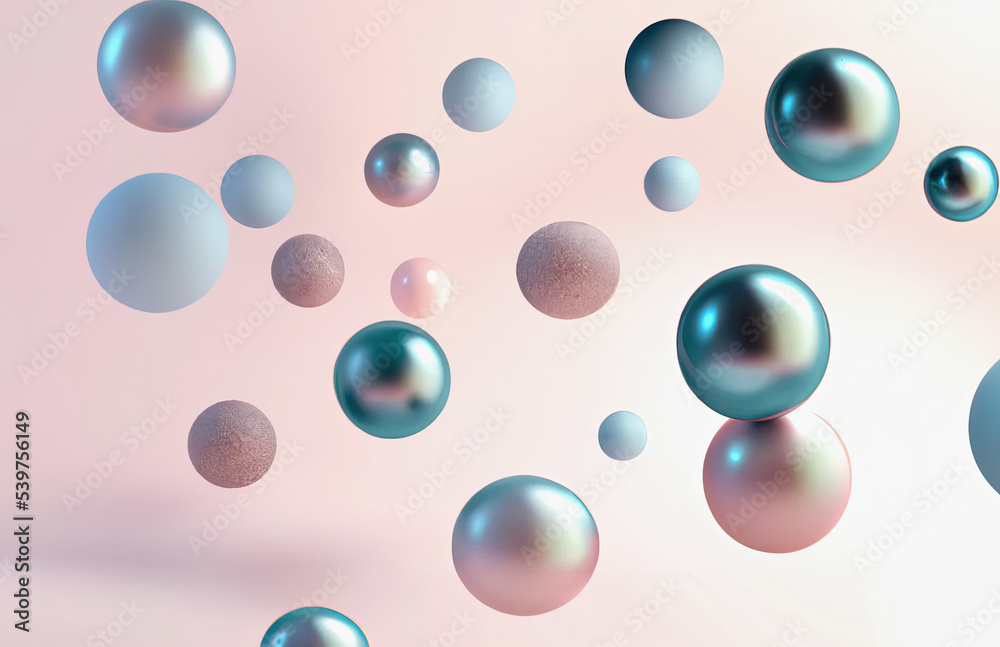 illustration of suspended pastel balls, 3d render of glossy spheres, bright pastel colored background image, digital art