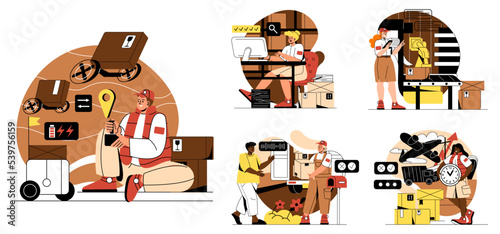 Global logistics or international shipping. Courier service staff store goods in warehouse and deliver them to customers. Import or export cargo by plane or truck. Cartoon flat vector collection