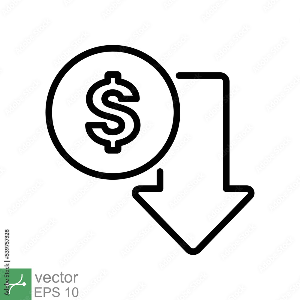 Cost reduction icon. Simple outline style. Dollar low, down, money with arrow, finance, investment, business concept design. Thin line vector illustration isolated on white background. EPS 10. Cost reduction icon. Simple outline style. Dollar low, down, money with arrow, finance, investment, business concept design. Thin line vector illustration isolated on white background. EPS 10.