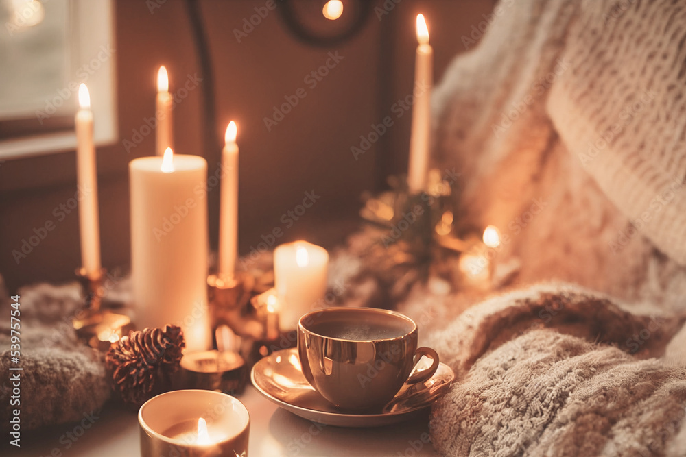 Fototapeta premium Cozy winter or autumn morning at home. Swedish hygge includes hot coffee with a gold metallic spoon