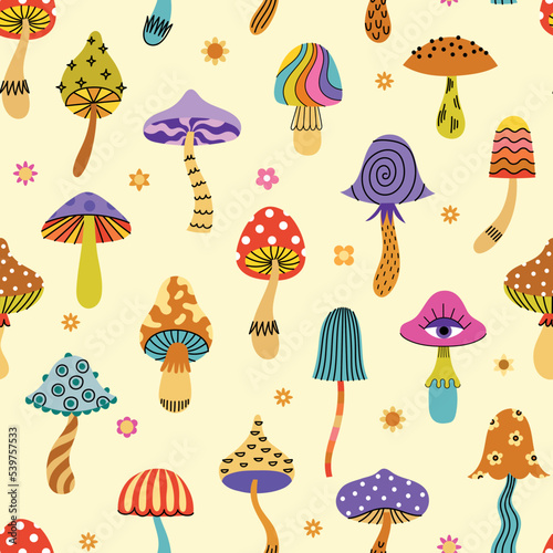 Groovy mushroom retro seamless pattern