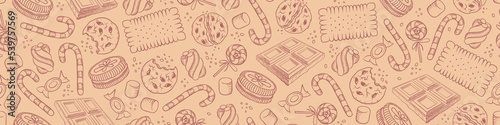 Seamless pattern with sweet hand drawn elements. Pastry and bakery background. Vector illustration.