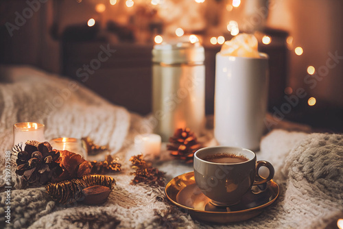 Cozy winter or autumn morning at home. Swedish hygge includes hot coffee with a gold metallic spoon photo