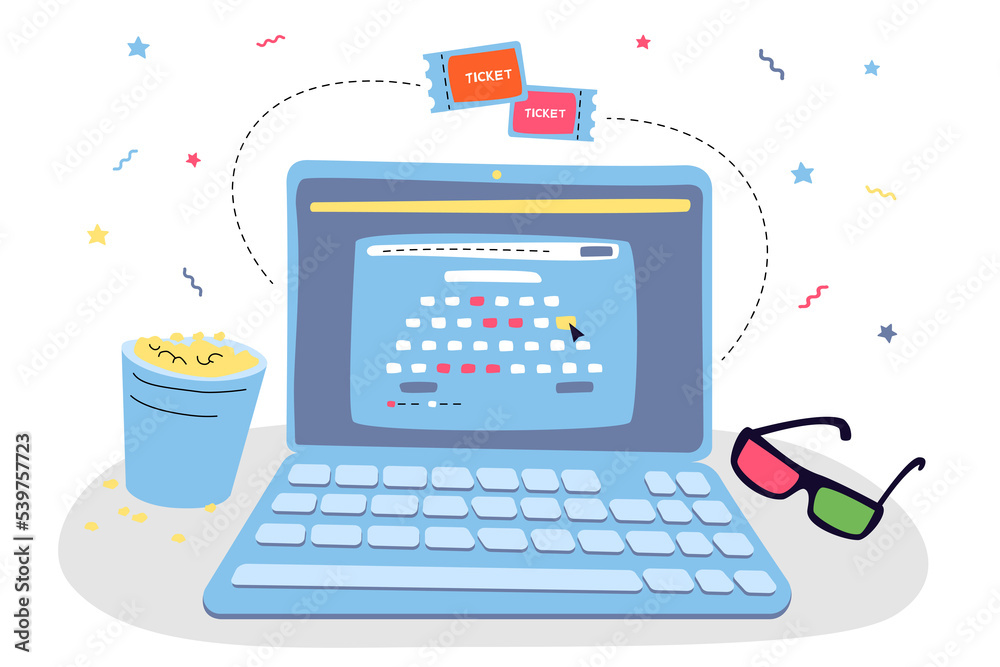 Booking movie tickets online - modern colorful flat design style illustration Booking movie tickets online - modern colorful flat design style illustration