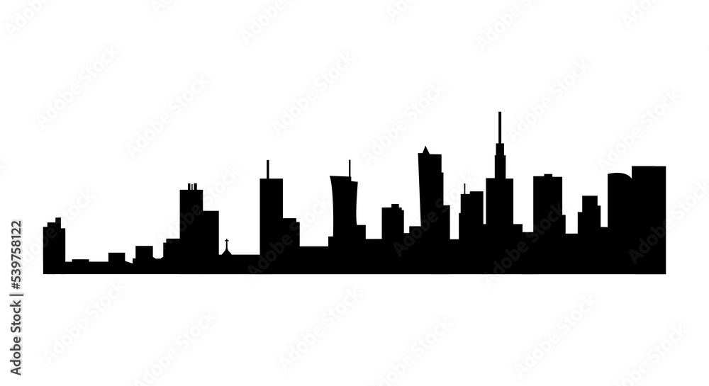 Black silhouette of Warsaw city isolated on white background. City landscape panorama. Vector illustration.