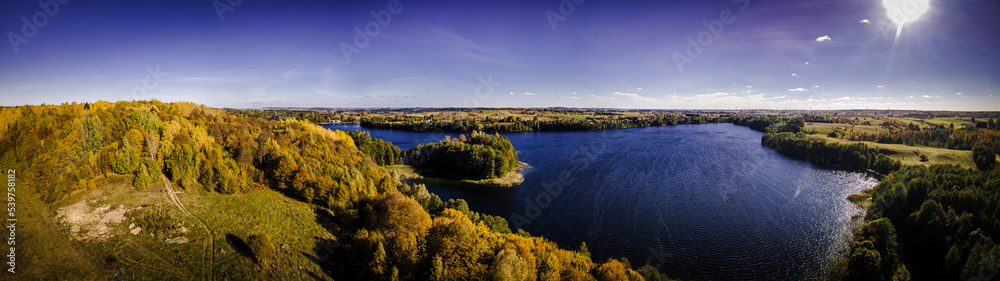 Panorama.Aerial view of Lake Hancza and its surroundings on a sunny ,autumn day in Poland in the Suwalki region.