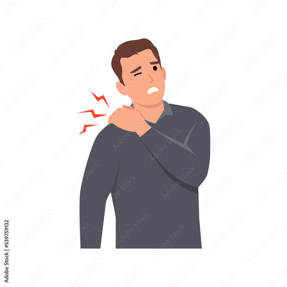 Young man Unhealthy man touch shoulder suffer from back injury or trauma. Unwell sick guy struggle with acute pain or muscular spasm strain in arm. Flat vector illustration isolated on white Young man Unhealthy man touch shoulder suffer from back injury or trauma. Unwell sick guy struggle with acute pain or muscular spasm strain in arm. Flat vector illustration isolated on white