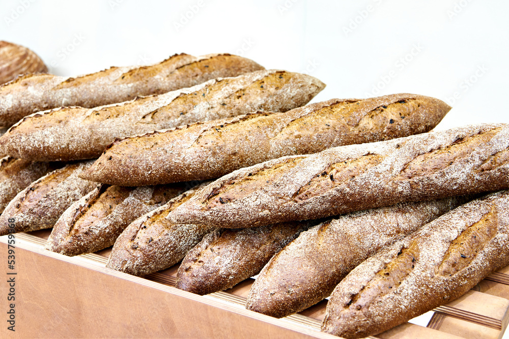 Fresh bread baguette in bakery