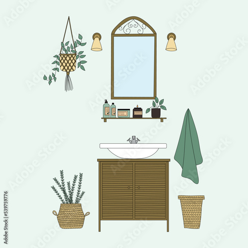 Bathroom interior design. Modern sink table, mirror and bath towels flat vector illustration. Empty bath room. 