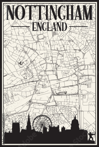 White vintage hand-drawn printout streets network map of the downtown NOTTINGHAM, ENGLAND with brown 3D city skyline and lettering