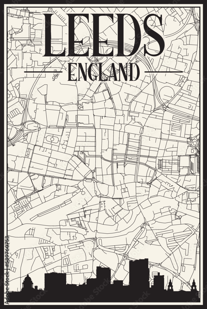 Obraz premium White vintage hand-drawn printout streets network map of the downtown LEEDS, ENGLAND with brown 3D city skyline and lettering