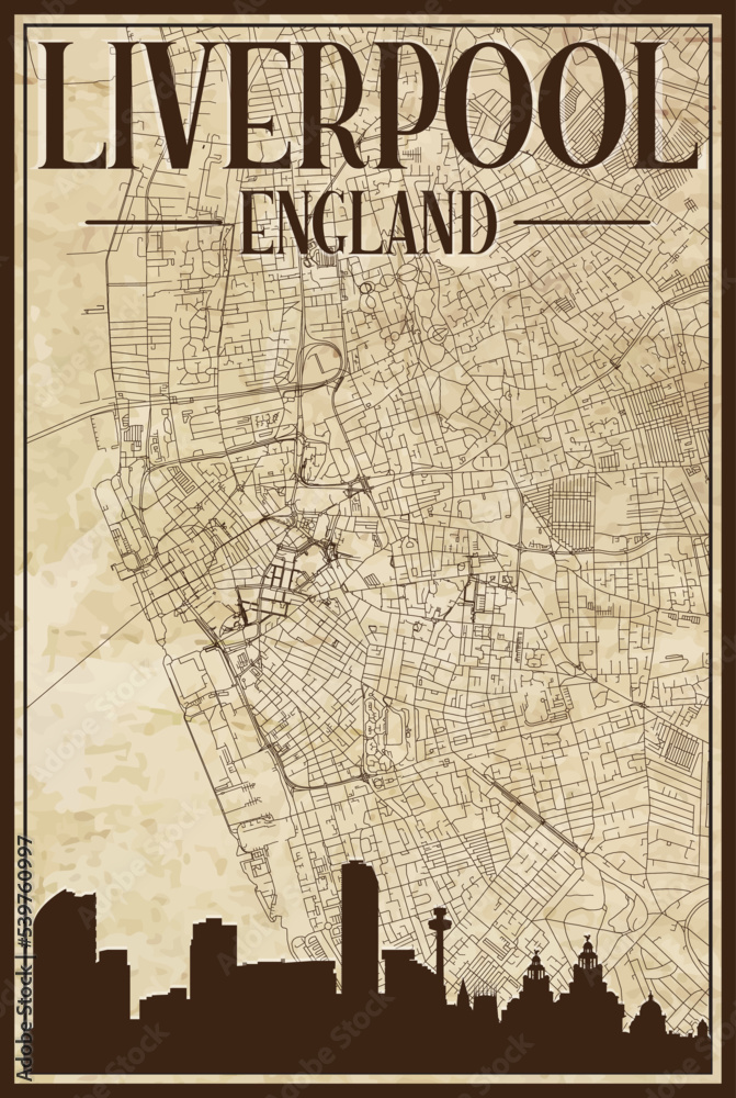 Brown vintage hand-drawn printout streets network map of the downtown ...