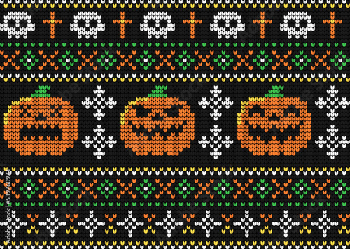 Halloween knitted seamless pattern with pumpkins and skulls. Vector background.