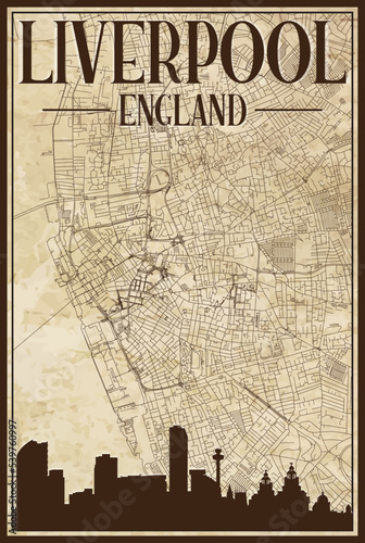 Brown vintage hand-drawn printout streets network map of the downtown LIVERPOOL, ENGLAND with brown 3D city skyline and lettering