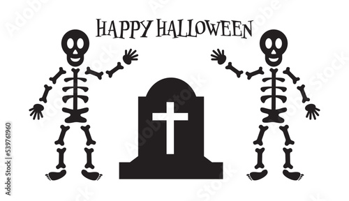 Happy Halloween Text Poster, Vector. Happy skeletons waving and headstone with cross sign. Halloween party border graveyard silhouette halloween abstract background. Vector illustration.