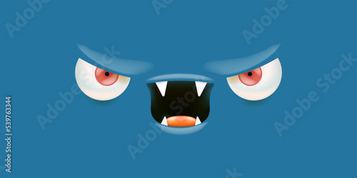 Vector angry blue monster face with open mouth with fangs and evil eyes isolated on blue horizontal background. Halloween cute and angry monster design template for poster, banner and tee print