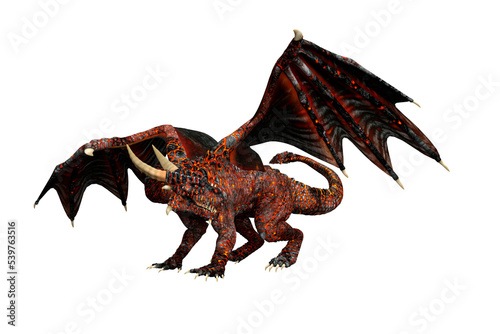 3D rendering of a fantasy Hellborn dragon with glowing red skin walking and looking to the side isolated on a transparent background. © IG Digital Arts