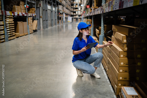 Female worker uses digital tablet to check goods on shelves to manage goods. logistics business export import logistics. Female worker in warehouse. © KANGWANS