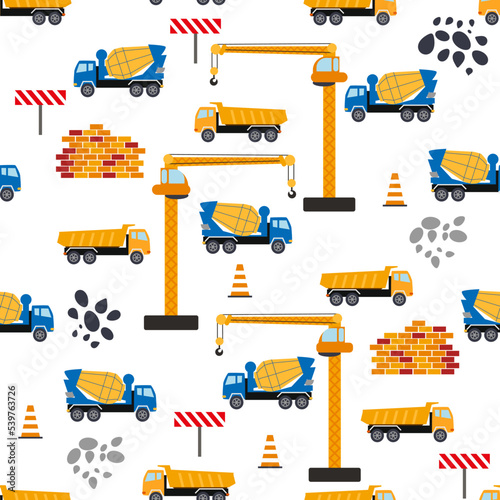 Cute childish seamless pattern with yellow car dump truck, crane, concrete mixer. Construction site illustration in cartoon style