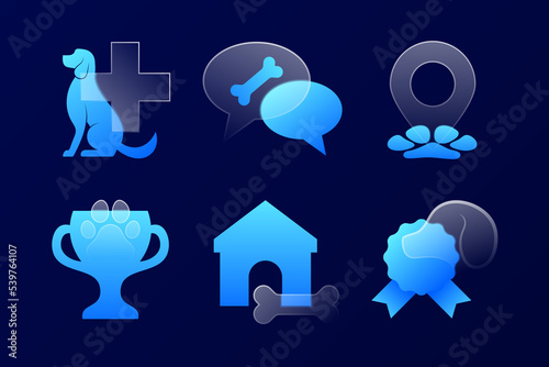 Glassmorphism-styled vector icons representing current trends. pets glass transparent gradient icons. dog care, dog housing, dog paw, and pet care. victory trophy and medal.