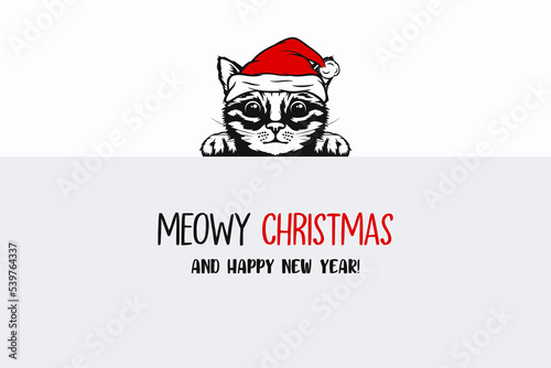Vector Cute Funny Hiding Peeping Kitten, Cat, Kitty with Santa Hat, Line Art. Kitten with Banner Design Template for New Year 2023 Greeting Card, Christmas Poster, Print, Kids Design