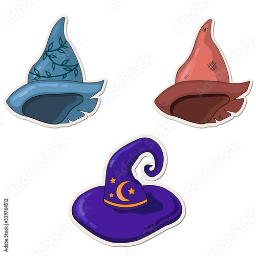 a set of Halloween stickers with hats. Vector, flat style