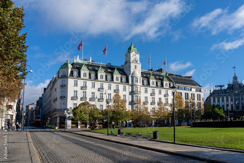 Oslo, Norway - October 15, 2022: Grand Hotel in downtown Oslo, Norway. 
The hotel is best known as the annual venue of the winner of the Nobel Peace Prize.
 photo