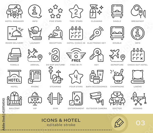 Set of conceptual icons. Vector icons in flat linear style for web sites, applications and other graphic resources. Set from the series - Hotel. Editable stroke icon.