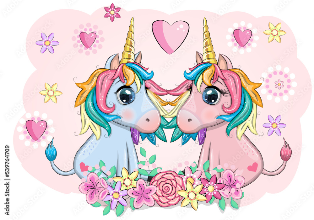 Fototapeta premium Boy and girl, pink and blue unicorns with heart, Valentine's day greeting card