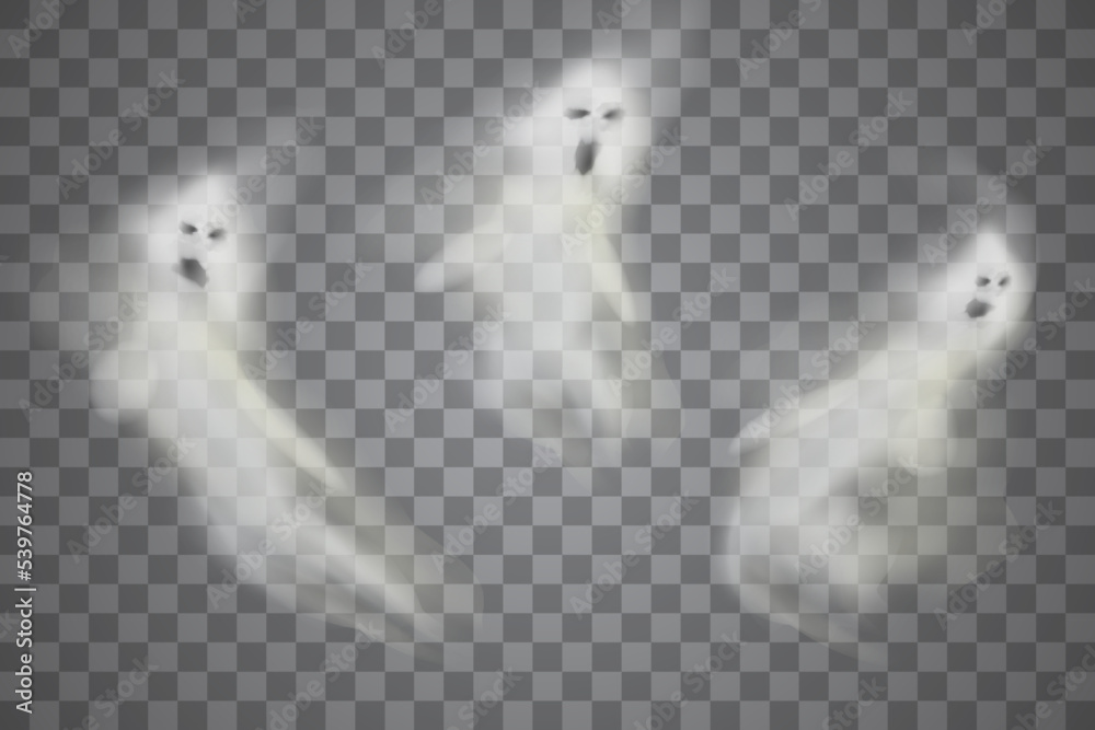 A set of translucent isolated phantoms. Ghostly phantom fly figure or night dead ghoul. Vector illustration.