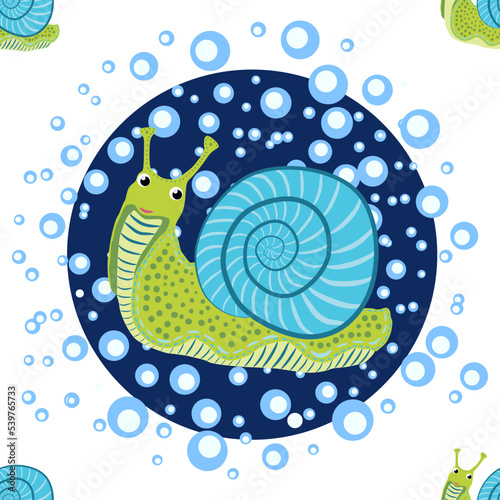 Snail, sea inhabitants seamless pattern, beautiful character among seashells, seaweed, starfish, sea animals of wildlife