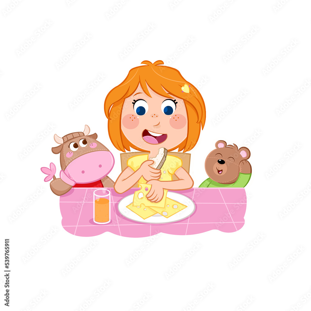 Kida and daily routine - Cute little girl with ginger hair and breakfast time - Isolated illustration - png file