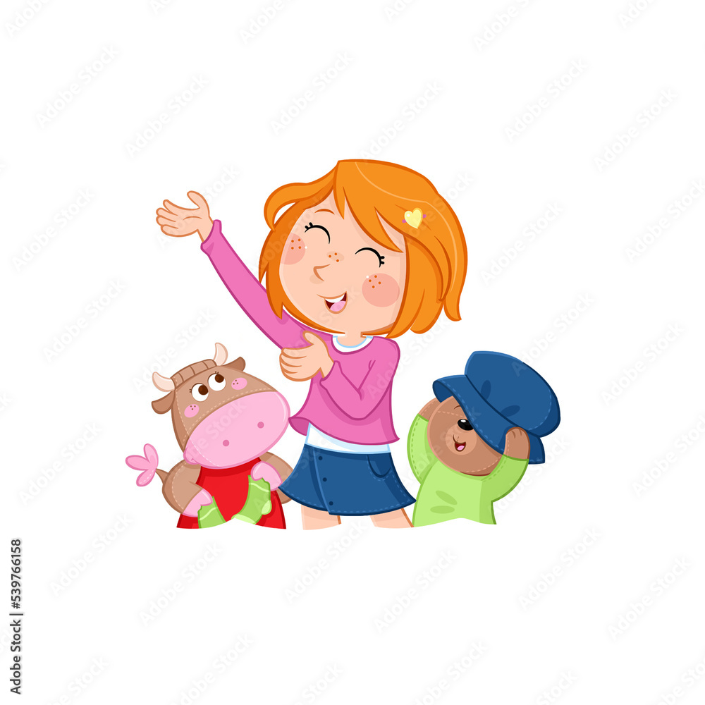 Kids and daily routine - Little girl dressing up and her toy friends - Illustration - png file Kids and daily routine - Little girl dressing up and her toy friends - Illustration - png file
