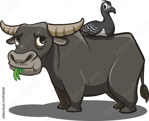 cartoon illustration design of buffalo eating grass with birds
