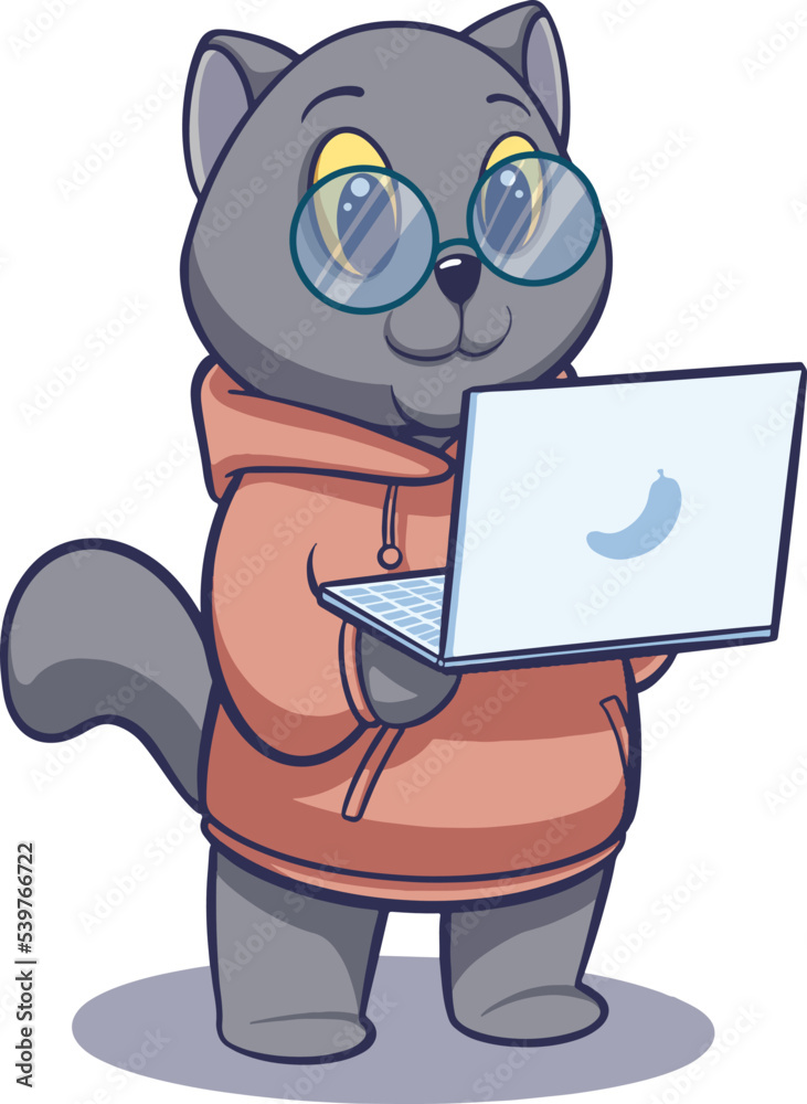 cat cartoon illustration design holding laptop as hacker