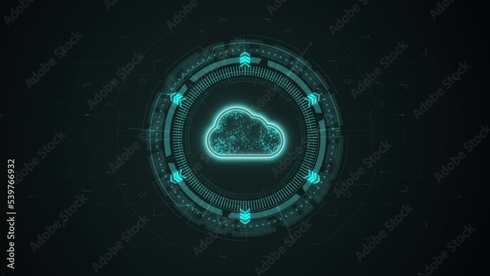 Motion graphic of Blue digital cloud computing logo and data stroage system with rotation HUD circle technology interface and futuristic elements abstract background