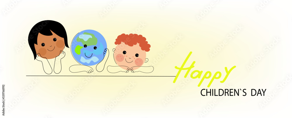 Social media horizontal banner template for World children's day. Funny planet character with happy baby boy , asian baby girl. Vector flat cartoon doodle banner. 