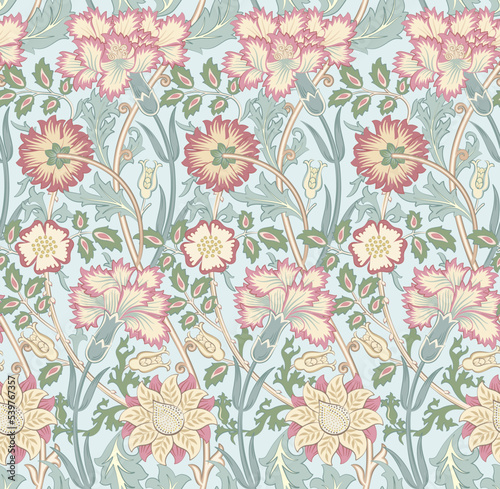 Floral seamless pattern with flowers on light blue background. Vector illustration.