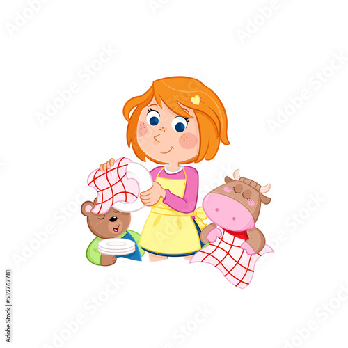 Daily routine - Little girl and her toy friends in the kitchen - Dishwashing - Illustration - png file