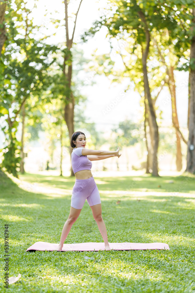 Pretty slim perfect body asian women wear sportswear to playing basic yoga compose.