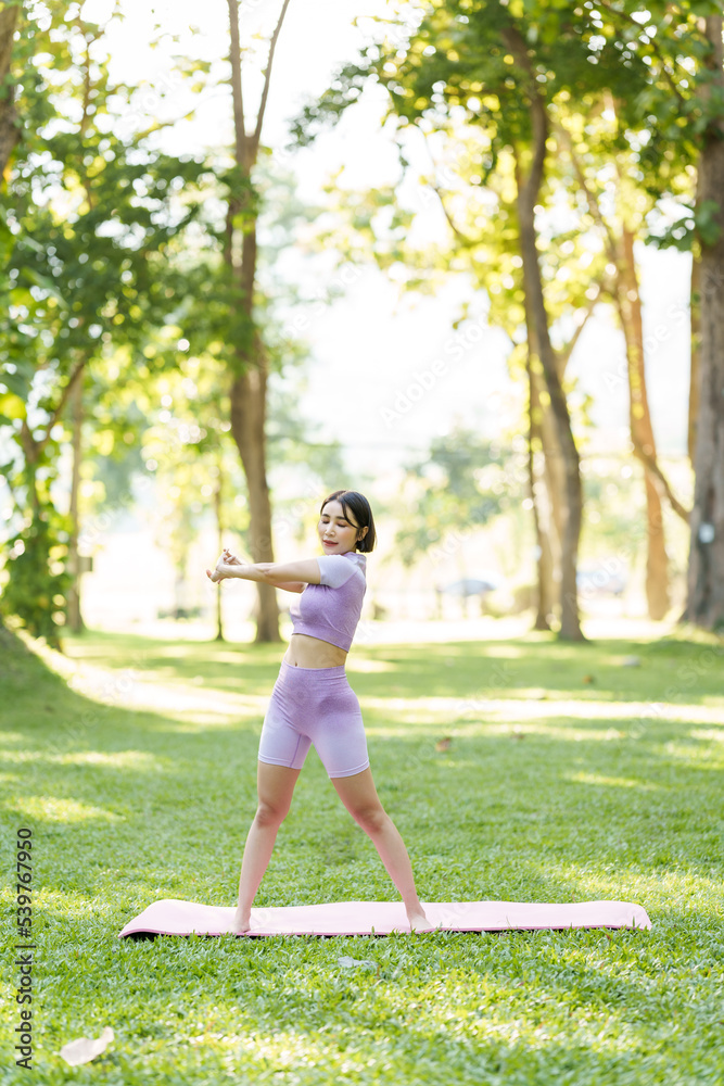 Pretty slim perfect body asian women wear sportswear to playing basic yoga compose.