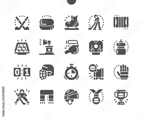 Hockey. Sport game. Hockey championship, professional clothes for playing. Fan attributes. Goalkeeper mask. Vector Solid Icons. Simple Pictogram
