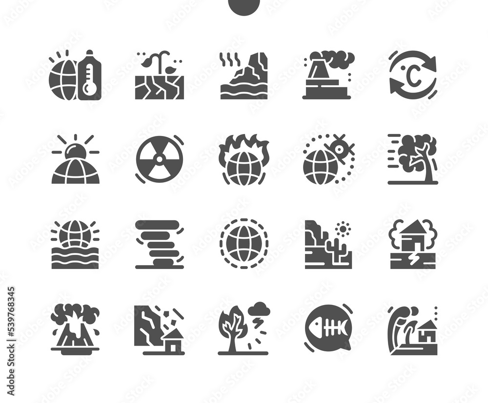 Climate change. Global warming. Hurricanes, tornado, tsunami. Temperature changes. Vector Solid Icons. Simple Pictogram