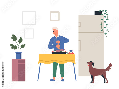 Elderly person cooking at home. Male character salting turkey with vegetables in kitchen interior. Dog pet looking at food