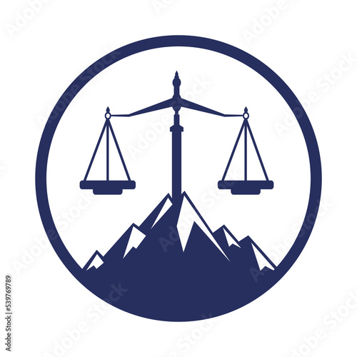 Mountains and symbols of justice. Law scale logo concept design.