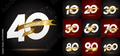 Set of anniversary logotype and gold ribbon.