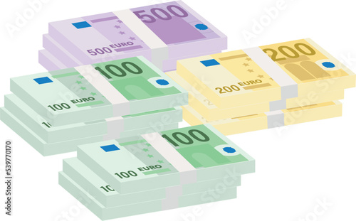 Euro currency banknotes. Big stack of money. Simple, flat style. Graphic vector illustration. European paper money backdrop with 100, 200 and 500 euros bills. Isometric view on a white background