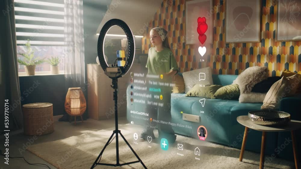 Girl dancing and singing on online stream, watching video, changing filters, making content in mobile app, filming trend video. 3D projection hologramm social network interface with comments and likes