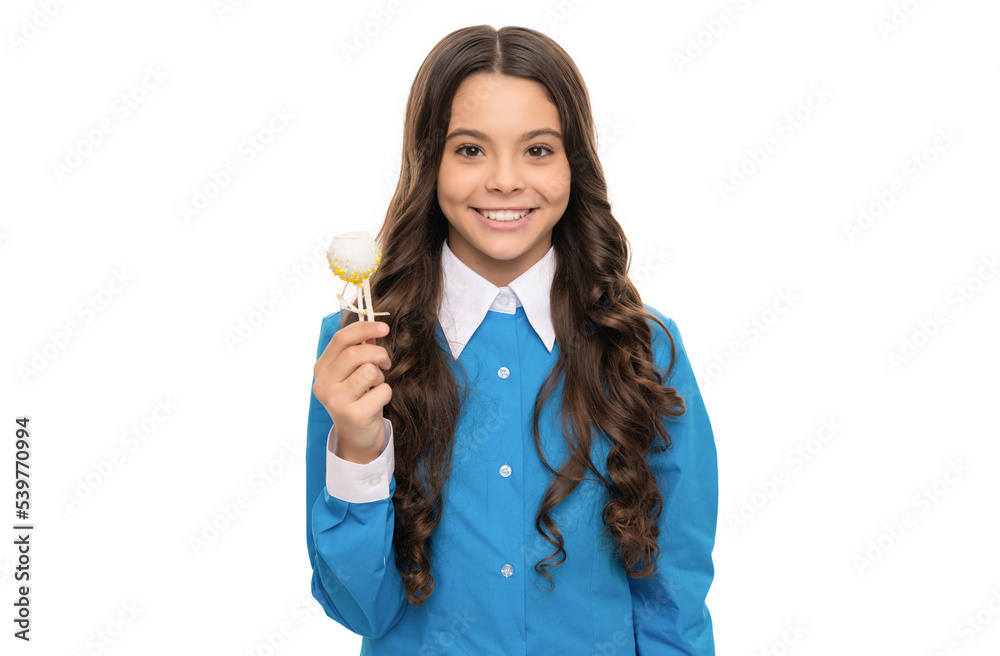 happy child long wavy hair hold chocolate candy on stick isolated on white, dental care happy child long wavy hair hold chocolate candy on stick isolated on white, dental care