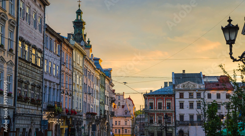 Beautiful sunset in old city center of Lviv, Ukraine photo